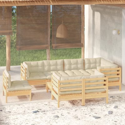 vidaXL - 9-delige - Loungeset - met - crèmekleurige - kussens - massief - grenenhout