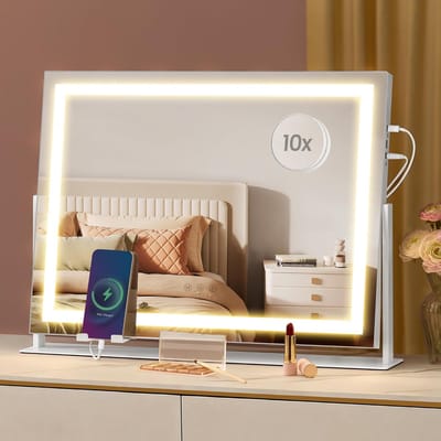 SONGMICS Makeup Mirror with Lighting, 58 x 43 cm, Cosmetic Mirror with 15 LED Bulbs, with Charging Ports, Touch Control, 3 Light Colours, Dimmable, Mobile Phone Holder, Matte White LWM002W02