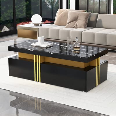 DESMIU Salontafel - Glanzend Rechthoekig Design Met 2 Lades En Marmerlook - Voor Woonkamer, Slaapkamer En Kantoor - Spaanplaat - Zwart - 100x50x40 Cm