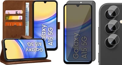 Hoesje geschikt voor Samsung Galaxy A15 - Privacy Screenprotector Volledig Dekkend Glas & Camera - Portemonnee Book Case Bruin