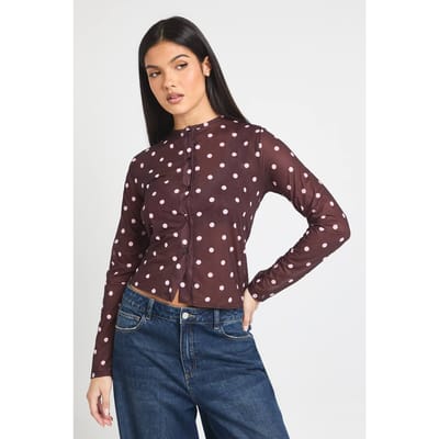boohoo Dames Polkadotprint gaas top met knoopsluiting | Chocolate | Maat: 6