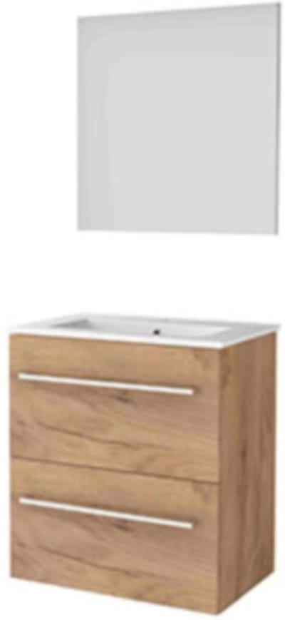 Basic-Line Basic 39 Badkamermeubelset - Ondiep - 60 x 39 cm - Met Grepen - 2 Lades - Keramische Wastafel - 1 Kraangat - Spiegel - Whisky Oak