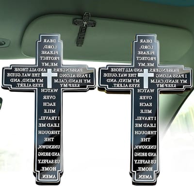 Kruis Vizierclip Auto - Geloof Accessoire - Spiritueel Comfort - Gegraveerd Gebedswoord - Set van 2 - Zwart