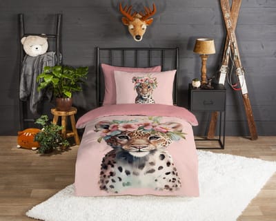 Good Morning dekbedovertrek luipaardwelpje met bloemenkrans - 1 persoons 140x200/220 cm - Roze - 100% Katoen flanel