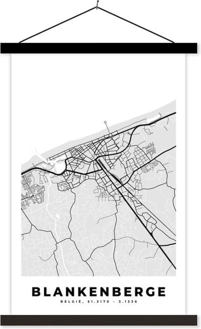 Posterhanger incl. Poster 40x60 cm - Schoolplaat - Zwart Wit – België – Plattegrond – Stadskaart – Kaart – Blankenberge - Textielposter - Zwarte latten - Stadskaart