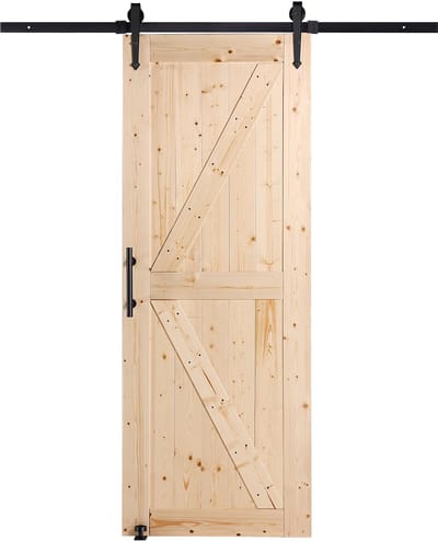 Schuurdeur en hardwarekit, 76,2 x 213,4 cm grote schuifdeur van hout, soepele en stille werking, inclusief 8-in-1-vloergeleider en handgreep, plaat van vurenhout, eenvoudig