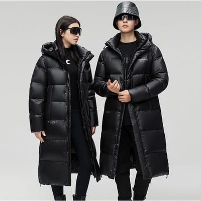Veste d'hiver à capuche en duvet noir et doré style couple, longueur au-dessus du genou, pour le froid extrême, nouveau style d'hiver, veste d'hiver épaissie en duvet pour hommes et femmes XL noir