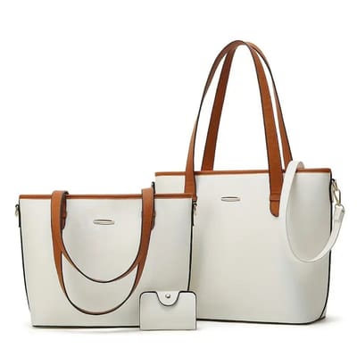 Bovista Handtas Dames - Schoudertas - School - Shopper - Schooltas - Werktas - 3-Delige Set - Wit/Bruin