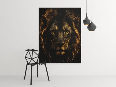 Canvas Schilderij - Gouden Leeuw - Wilde Dieren - Zwart - Goud - Luxe Wanddecoratie - 75 x 100 cm