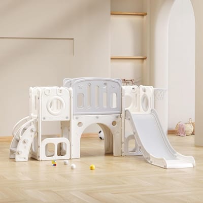 6-in-1 Kinderglijbaan voor Binnen en Buiten - Speelplaats met Glijbaan, Basketbalkorf en Platforms voor Kinderen van 1-5 Jaar
