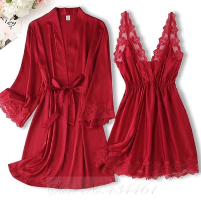 Zwarte Kant Afwerking 2-delige Badjas Nachthemd Set Lente Zomer Dames Nachtkleding Nachtjurk Sexy Badjas Ondergoed Losse Satijnen Huiskleding M brown