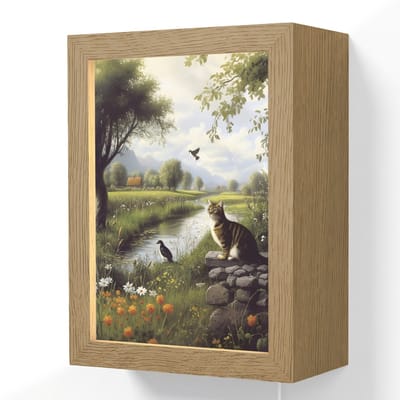 Wandlamp 15x20 cm - Oplaadbaar - Kat - Beekje - Weide - Wandlampen binnen woonkamer - Slaapkamer lamp met kabel - Decoratieve nachtlamp - Vloerlamp snoer