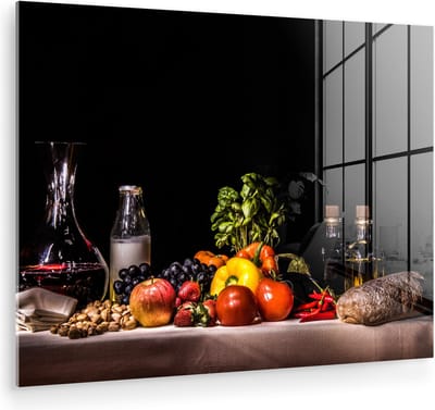 MuchoWow® Glasschilderij 160x120 cm - Schilderij acrylglas - Stilleven - Eten - Drinken - Fruit - Zwart - Foto op glas - Muurdecoratie woonkamer - Wanddecoratie slaapkamer - Schilderijen