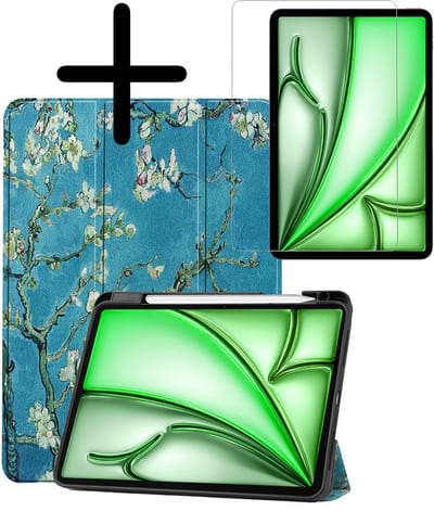 Hoesje Geschikt voor Apple iPad Air M3/M4 (2025/2026) - 11 inch - Met Screenprotector - Trifold Bookcase - Hard Cover Case - Met Uitsparing Geschikt voor Apple Pencil - Hardcover Book - Tablet Hoes - Bloesem