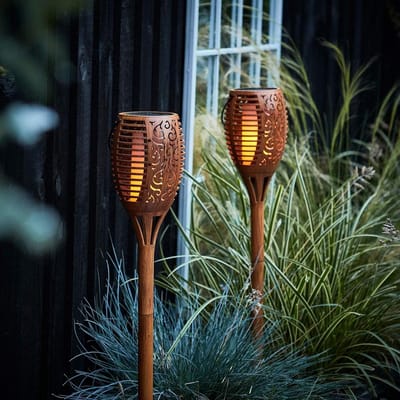 Solar Fakkel Set - Bamboe Tuinlampen - Buiten Verlichten - Realistische Vlam - 80 cm Hoog - Warm Wit