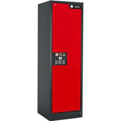 Brandveiligheidsopslagkast type 90, B 600 x D 615 x H 1953 mm, deur rechts 3 legborden, rooster en opvangbak, antracietgrijs/verkeersrood (RAL 3020)