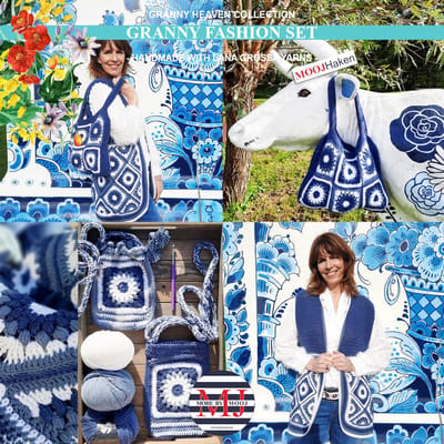 Haakpakket Granny Fashion Set-vest-grote tas-buideltasje-telefoontasje- Blue/White