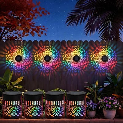 LISM-Mandala wandlamp op zonne-energie, kleurveranderende buitenlantaarn op zonne-energie, waterdichte tuinverlichting voor schuttingen, geschikt voor terrassen/paden/achtertuinen/balkons (4-pack)