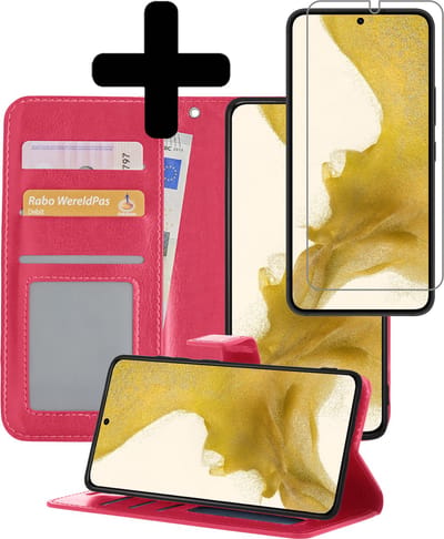 Hoesje - Met Screenprotector - Geschikt voor Samsung Galaxy S22 Plus - Luxe Pasjeshouder - Bookcase Portemonee - Flip Case - Kunstleer Book Case - Flipcase - Book Cover - Walletcase - Portemonneehoes - Telefoonhoesjes - Donkerroze