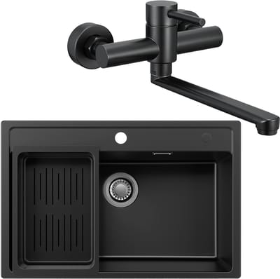 Anycee Max Granieten Spoelbakken (70x46CM) - Spoelbak Keuken Met Keukenkraan Wandmontage - Wasbak Keuken Met Waterafvoersysteem en Afdruiprek - Zwart