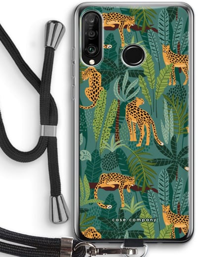 Case Company® - Hoesje met koord geschikt voor Huawei P30 Lite hoesje met Koord - Luipaard 2 - Telefoonhoesje met Zwart Koord - Bescherming aan alle Kanten en Over de Schermrand