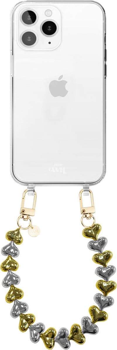 xoxo Wildhearts siliconen hoesje geschikt voor iPhone 12 Pro Max hoesje - Funky Hearts - Telefoonhoesje - Hoesje met koord - Goud / Zilver koord - kort telefoonkoord - Hartjes ketting - Transparant hoesje
