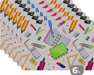 Placemat - Placemats kunststof - Patroon - School - Potlood - 45x30 cm - 6 stuks - Hittebestendig - Anti-Slip - Onderlegger - Afneembaar