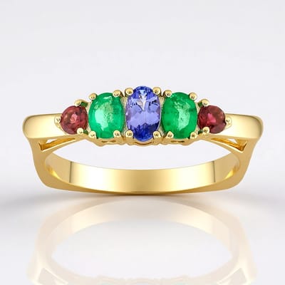 Cavill - 9 Karaat Gouden Ring met AAA Ovale Tanzaniet 0,196 ct, Zambia Smaragd en Braziliaanse Rubelliet - Luxe Handgemaakte Damesring