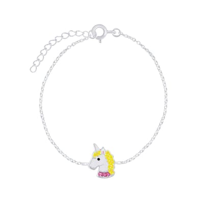 Joy|S - Zilveren eenhoorn armband - 14 cm + 3 cm - unicorn geel roze met kristal - voor kinderen