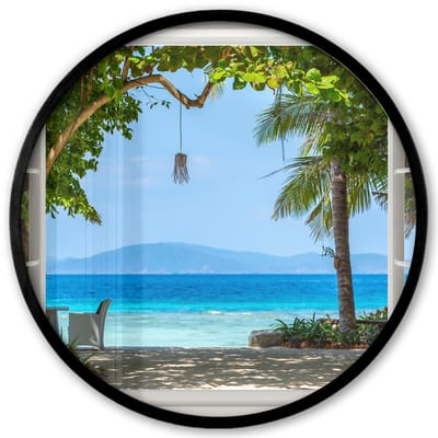 Poster in lijst Rond - Fotolijst 40x40 cm - Posters - Doorkijk - Boom - Zee - Palmboom - Heuvels - Strand - Blauw - Ronde posterlijst zwart - Decoratie - Wanddecoratie woonkamer - Muurdecoratie slaapkamer