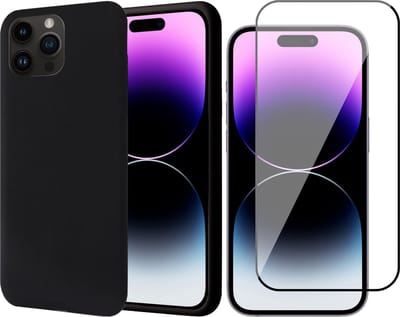 Hoesje geschikt voor iPhone 14 Pro - Screen Protector FullGuard - Back Cover Case SoftTouch Zwart & Screenprotector