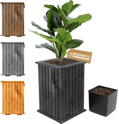 BOGATECO houten bloembak | Plantenbak | Bloempot 40 x 25 x 25 cm | Kruidenpot voor huis tuin balkon terras | Pot met kunststof inzetstuk | Waterdicht | Zwart