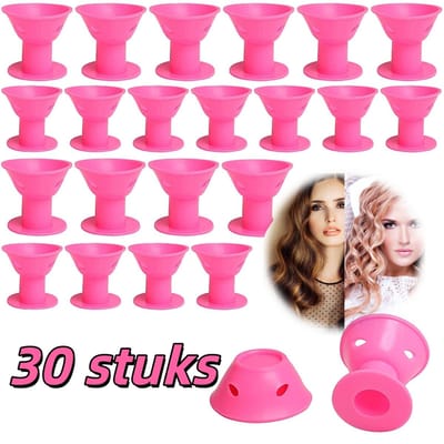 30 stuks roze magische haarrollers - 15 grote siliconen haarkrulspelden + 15 kleine siliconen haarkrulspelden - geen schade aan het haar - zachte siliconen