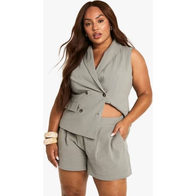 boohoo Dames Plus Linnen Getailleerde Short | Light Khaki | Maat: 24