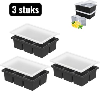 3 stuks - Ijsblokjesvormen - 6-kubus siliconen ijsblokjesvorm - Extra grote ijsblokjesvorm voor levensmiddelen - Luchtdichte ijscontainer met deksel - Zwart