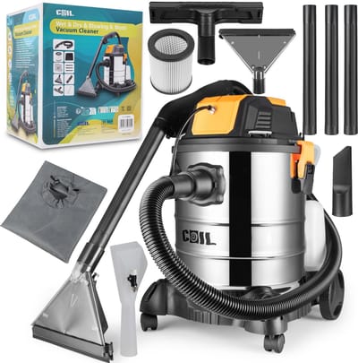 COIL Wasstofzuiger - Voor tapijten en meubelbekleding - 4-in-1 - 25L - Nat- en Droogzuiger + Wasfunctie + Blaasfunctie | Filterreinigingsfunctie I 19 kPa | 5L Detergenttank | HEPA-filter I Accessoires Set