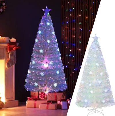 COSTWAY Kunstkerstboom met verlichting, dennenboom met kleurrijke ledlampen, glasvezel en sterpunt, kerstboom voor thuis, kantoor, winkels en hotels, wit (180 cm)