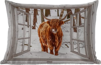 Buitenkussens - Tuin - Schotse Hooglander - Sneeuw - Winter - Natuur - Dier - Doorkijk - Landelijk - 50x30 cm