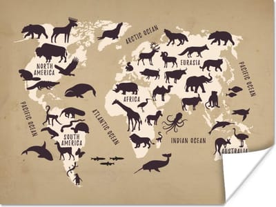 Poster - Wereldkaart - Dieren - Bruin - 40x30 cm