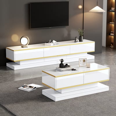 Pugsdrly Moderne glanzend witte set bestaande uit een tv-meubel en een salontafel, tv-meubel met 3 lades, salontafel met 2 lades, gouden afwerking, voor de woonkamer, tv-meubel en salontafel