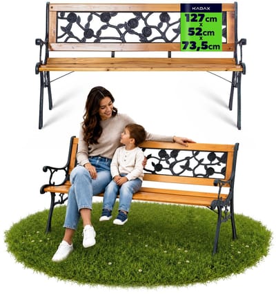 KADAX Tuinbank van hout en gietijzer, 2-zits houten bank met armleuningen en rugleuning, zitbank, parkeerbank, buitenbank voor balkon, tuin, terras (bruin/rozenpatroon)