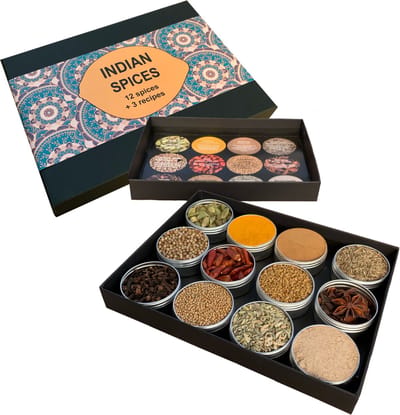 Indiase Kruidenbox (Masala Dabba) - 12 Kruiden + Indiase Recepten - Indiase Gerechten en Specerijen - Geschenkdoos - Koken - Kruidenpotjes - Keuken en Bakken Cadeau - TeaSalt&Spices
