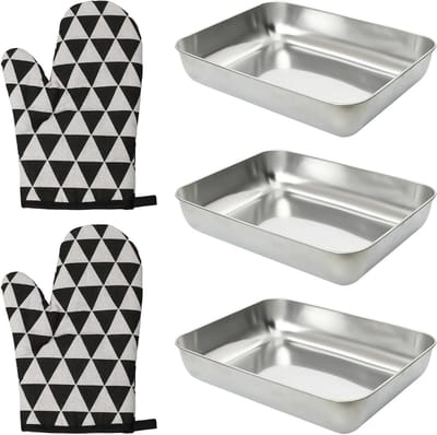 Set van 3 RVS Paneercontainers met 2 Hittebestendige Handschoenen, Stapelbaar en Vaatwasserbestendig - Perfect voor Paneer, Marineren en Voedselbereiding, 25×20×5cm