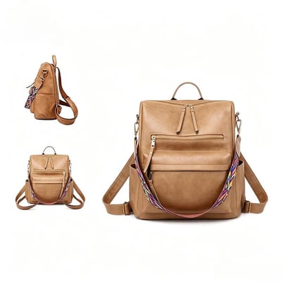 KZQ Dames 3-in-1 Rugzak - Anti-diefstal en Waterdichte Tas (Rugzak/Schoudertas/Handtas) - Zacht PU-leer, Stijlvol en Compact - Geschikt voor Werk, Studie, Reizen en Dagelijks Gebruik - Khaki - 32 x 14 x 34 cm