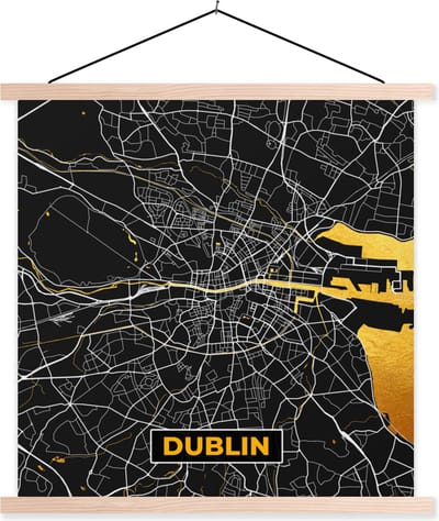Posterhanger incl. Poster 40x40 cm - Schoolplaat - Goud - Plattegrond - Dublin - Stadskaart - Kaart - Textielposter - Blanke latten - Stadskaart