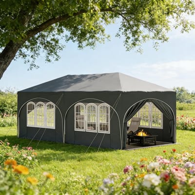 OKWISH Partytent - Opvouwbaar - 3x6 m - Metaal en Oxford - Grijs - Met 6 Zijwanden Voor Tuinfeesten - UV50+