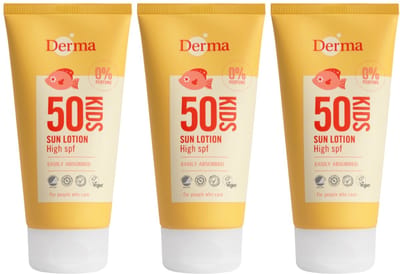 Derma Sun - Kids Zonnebrand SPF50+ - 3 x 150 ml - Extra Hoge Zonbescherming voor Kinderen - UVA en UVB Bescherming - Waterbestendig - Parfumvrij - AllergyCertified