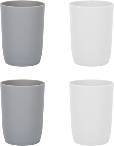 Famanu - Set van 4 plastic glazen voor volwassenen, adolescenten, kinderen (280 ml, grijs + wit). Praktisch, veilig, wasbaar, ideaal voor reizen en dagelijks gebruik