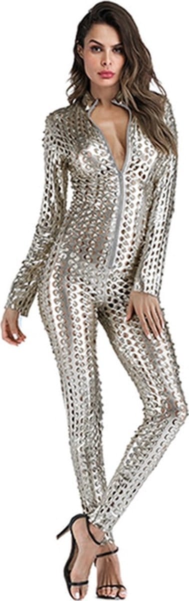 Sexy  Latex Catsuit Catwomen Glanzend  Jumpsuit Zilver Wetlook  Bodysuit