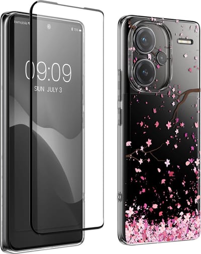 kwmobile telefoonhoesje geschikt voor Xiaomi Redmi Note 13 Pro+ 5G / Redmi Note 13 Pro Plus 5G hoes - Telefoonhoesje voor smartphone - Telefoon cover - Met glazen schermbeschermer - Kersenbloesembladeren design